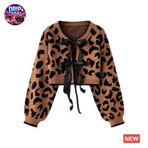 Y2K Cheetah Print Cardigan Sweater Tie Front Crop Top Long Sleeve Crew Neck